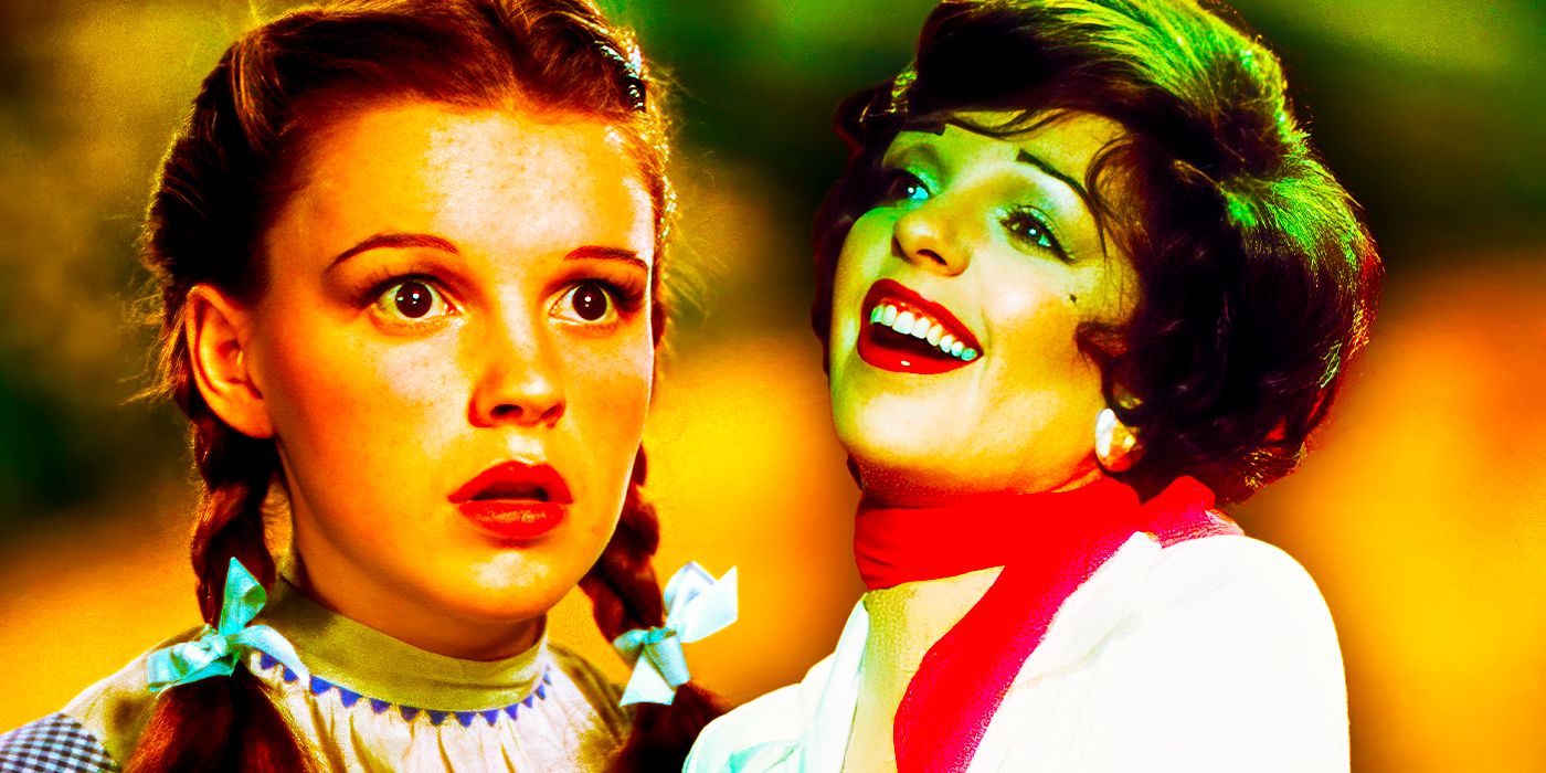 Composite of Judy Garland in The Wizard of Oz and Liza Minnelli singing while wearing a red scarf.