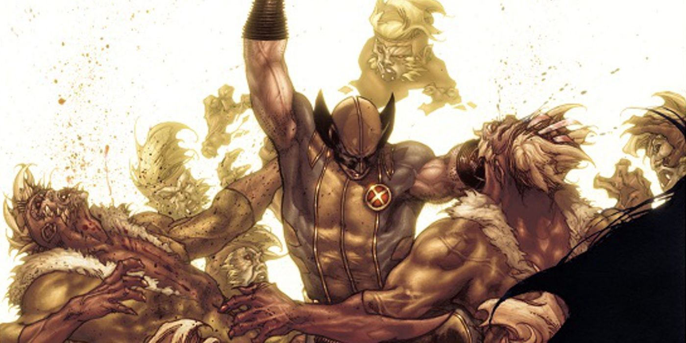 Wolverine fighting an army of Sabretooths.