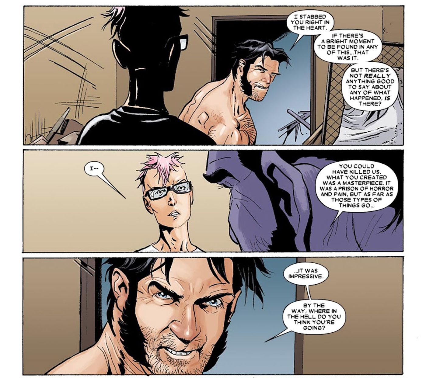 Wolverine talks to a confused Kid Omega and tells him his psychic construct was impressive.