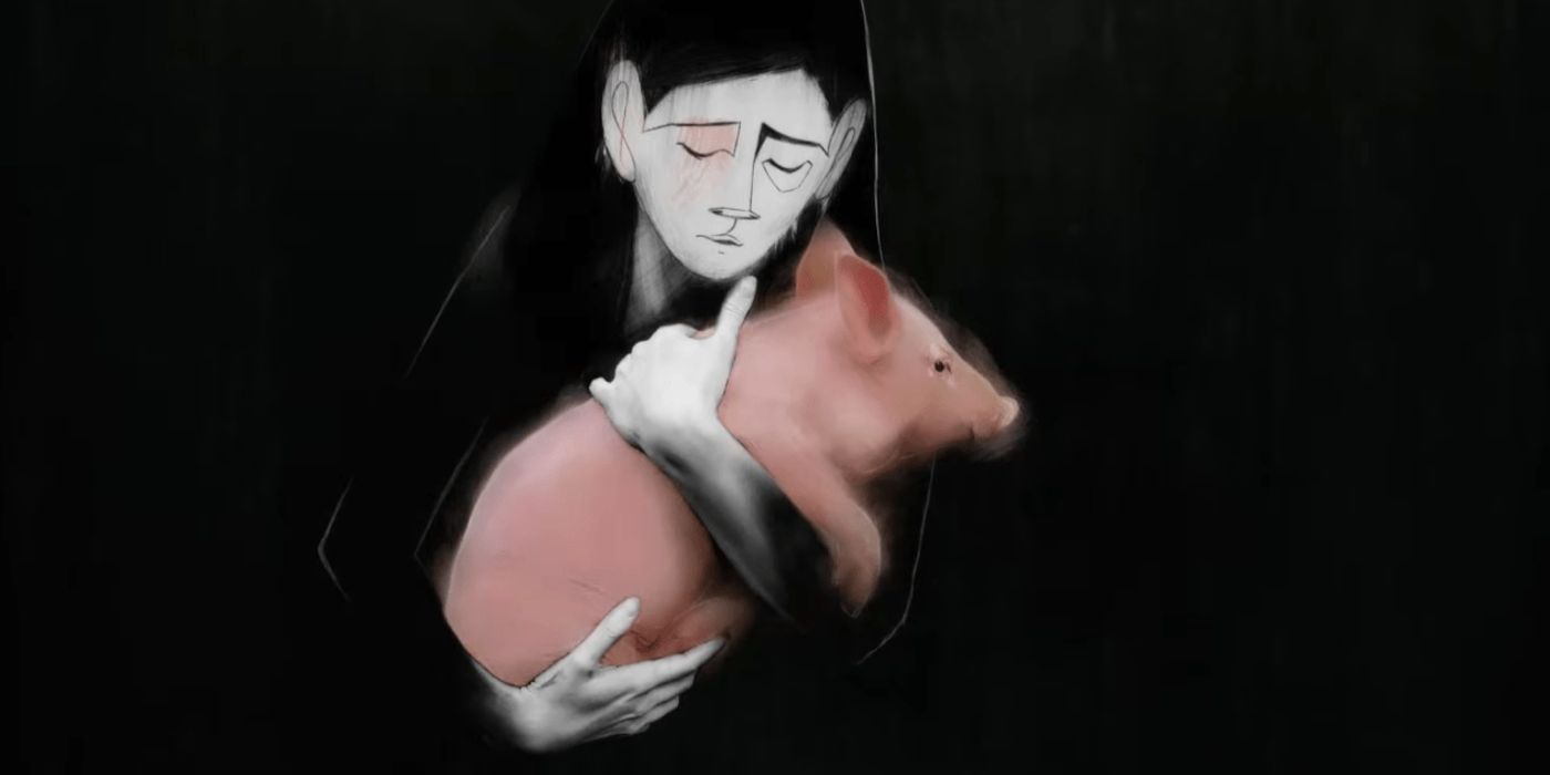 Woman holding a pig in animated short Letter to a Pig