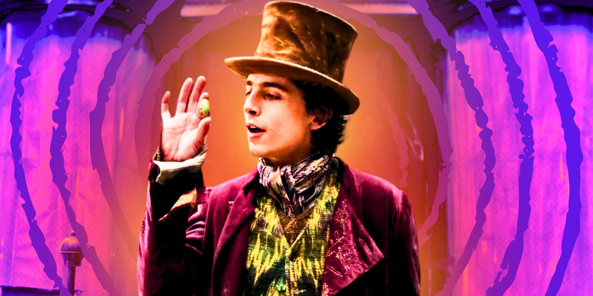 Custom image of Timothée Chalamet as Willy Wonka looking at a piece of chocolate in his hand