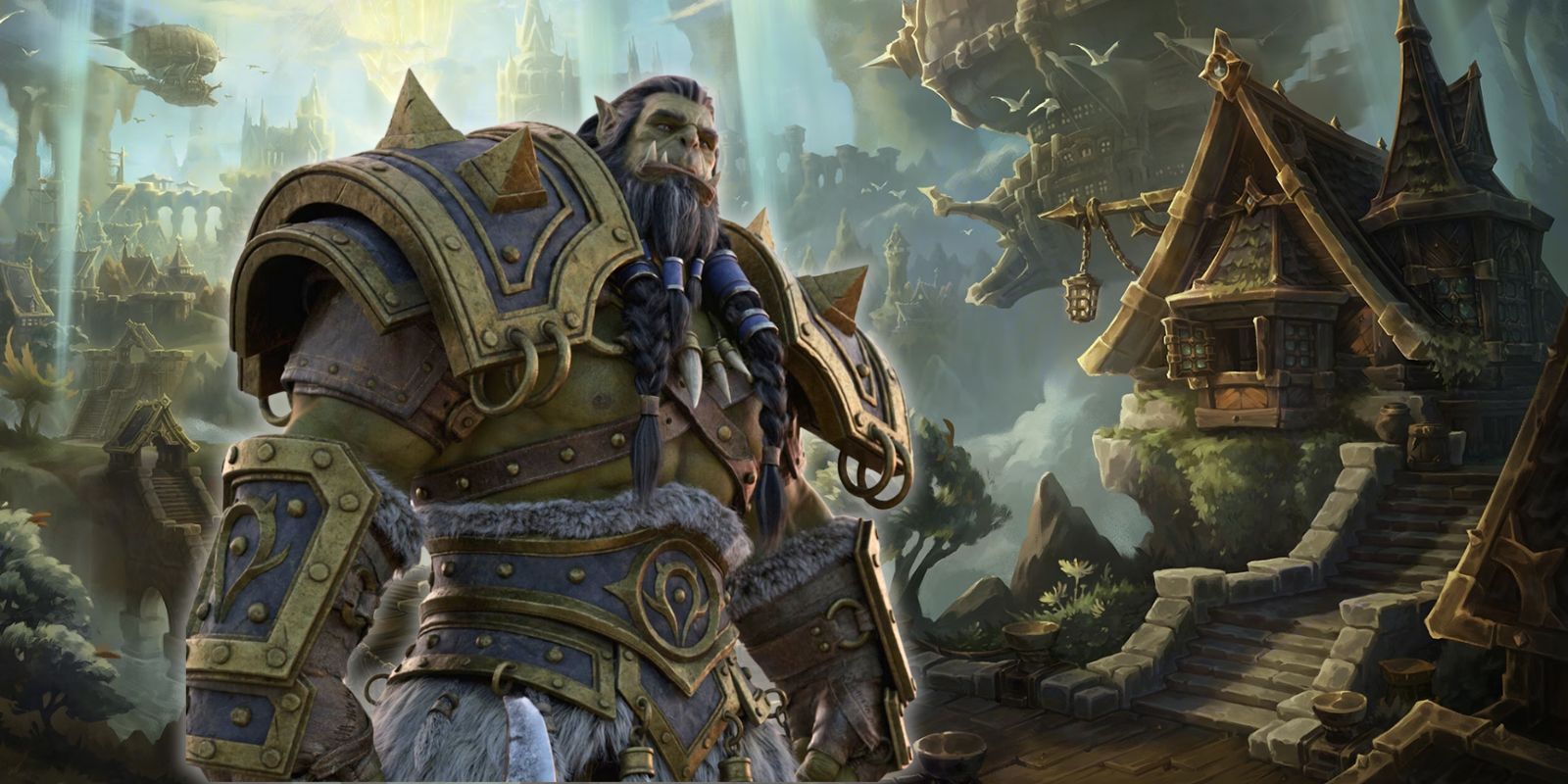 World of Warcraft The War Within setting with a peaceful town and an image of Thrall in front