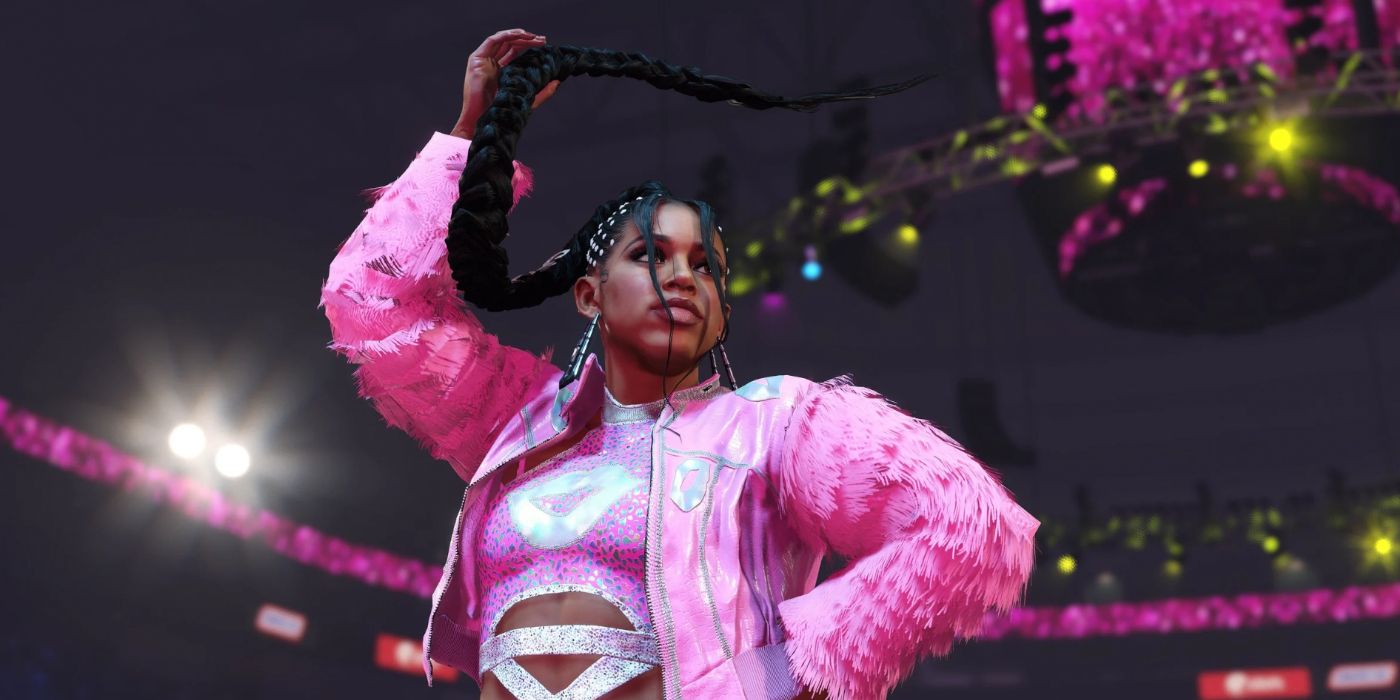 WWE 2K24 Preview Bianca Belair in Pink holding her long braid