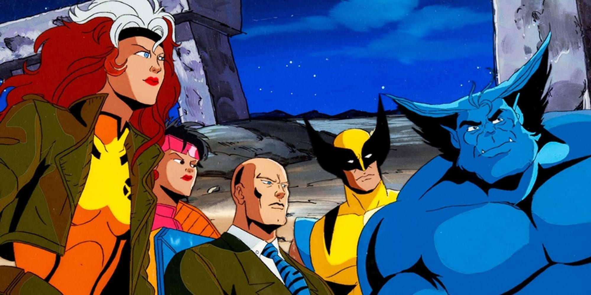 Beast Rogue, Professor X, Jubilee e Wolverine posando um ao lado do outro em X-Men: The Animated Series