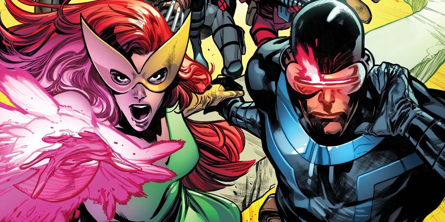Featured Image: Jean Grey in her classic Marvel Girl costume from the early X-Men era (left); Cyclops in contemporary gear (right)