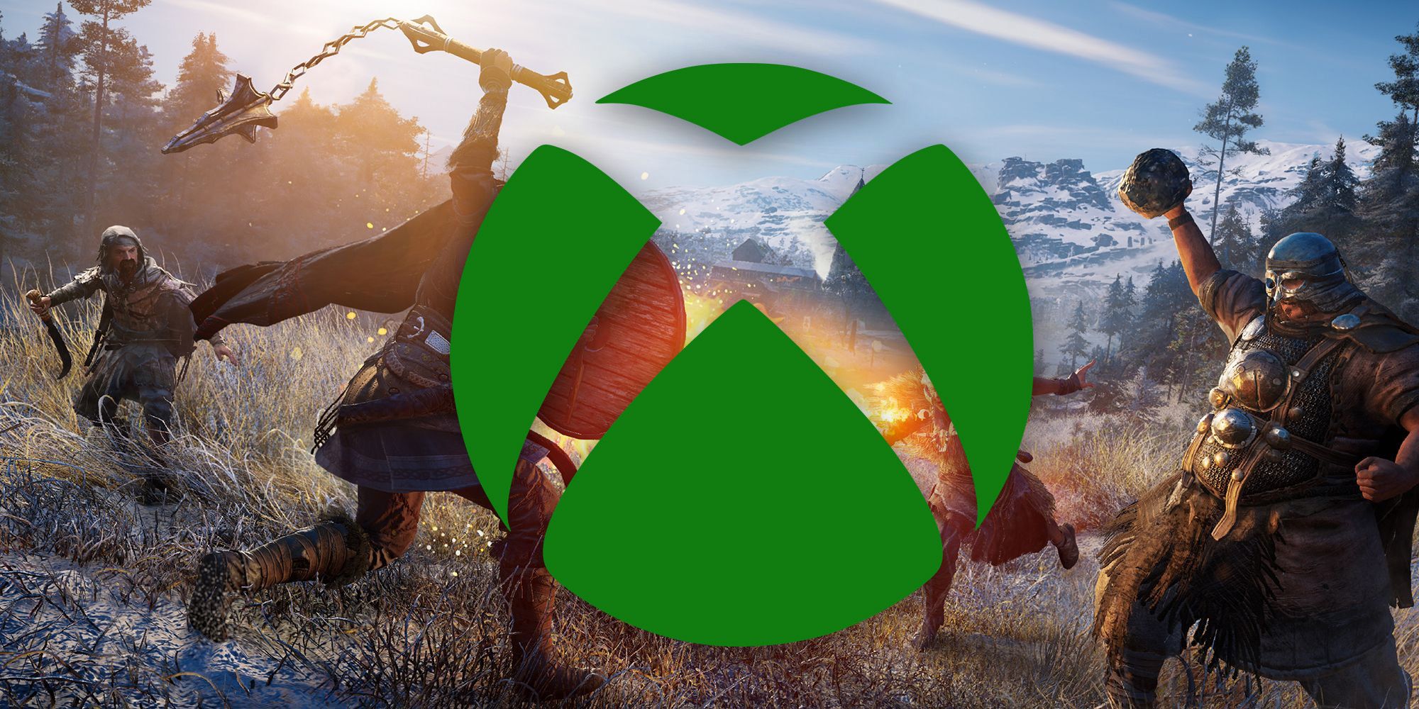 Xbox logo over an image of action in Assassin's Creed Valhalla.