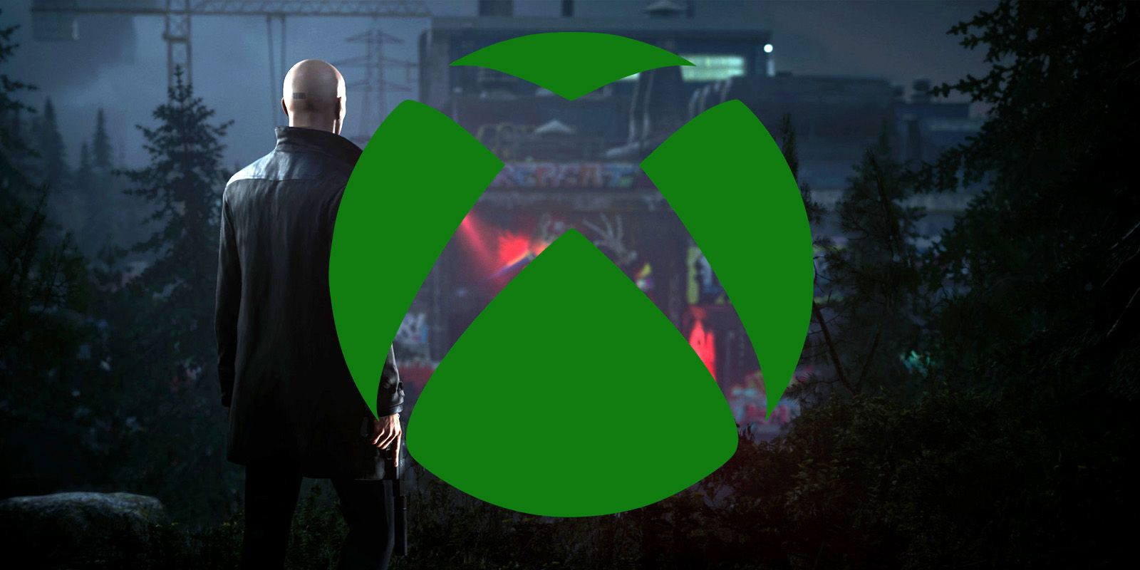 The Xbox logo in front of a screen showing Agent 47 overlooking a facility in Hitman 3.