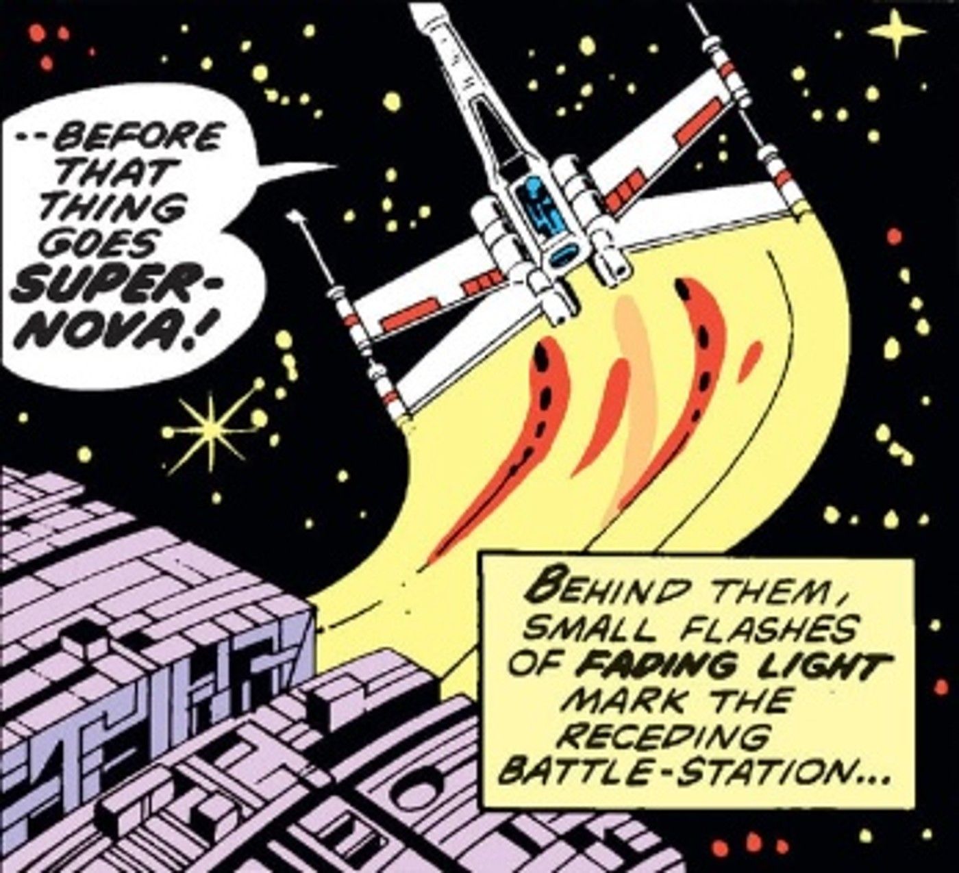 Adaptação cinematográfica original da Marvel Star Wars, no momento após Luke disparar seus torpedos na porta de exaustão da Estrela da Morte