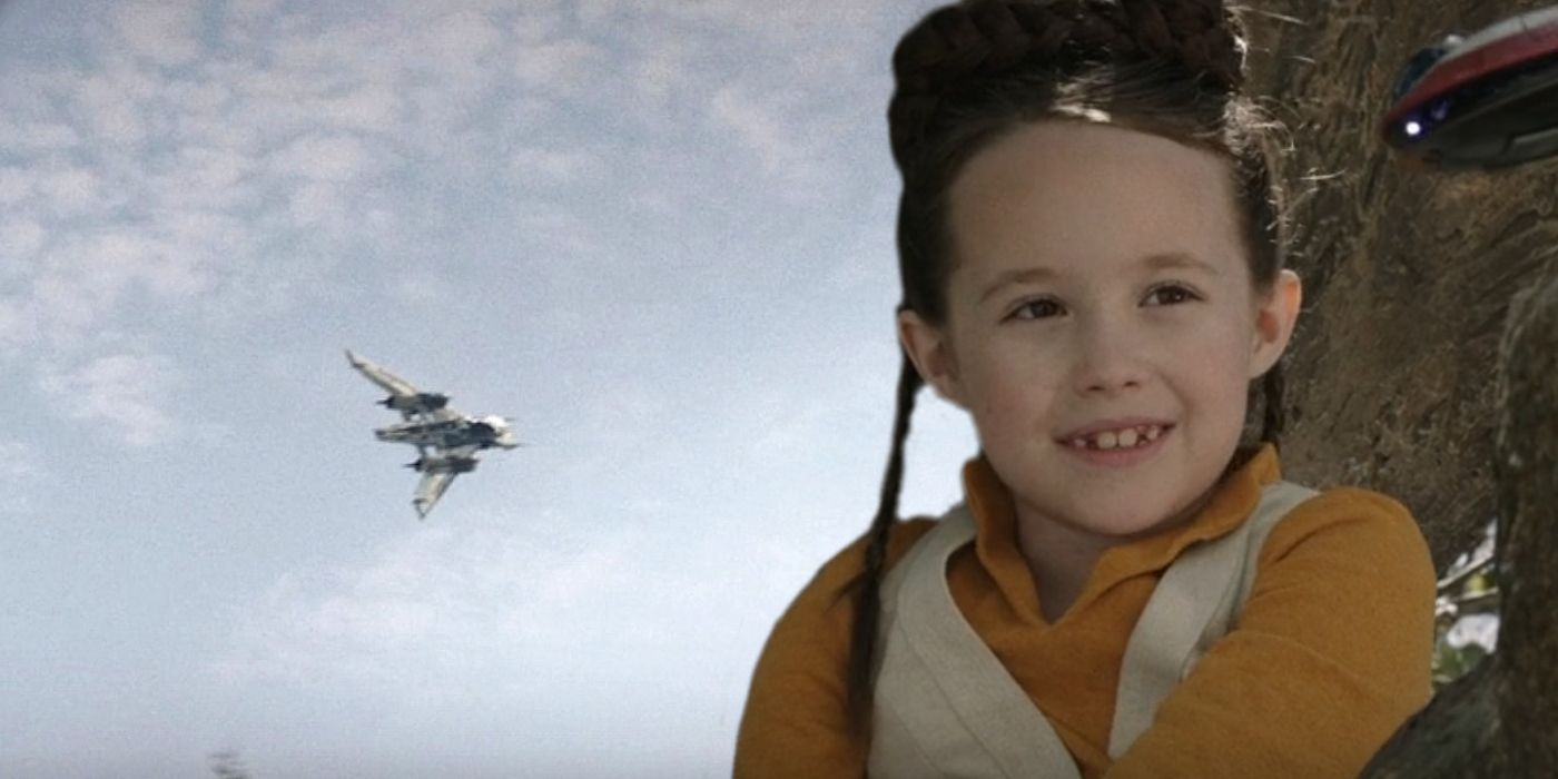 Young Leia smiling next to a shot of a Tri-Wing in Obi-Wan Kenobi
