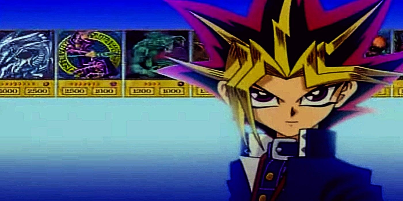 Yugi com algumas cartas de monstros de duelo em Yu-Gi-Oh!