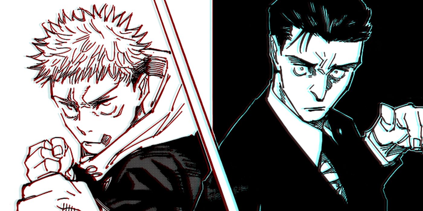 Yuji and Higuruma from Jujutsu Kaisen stood with their backs against each other ready to fight