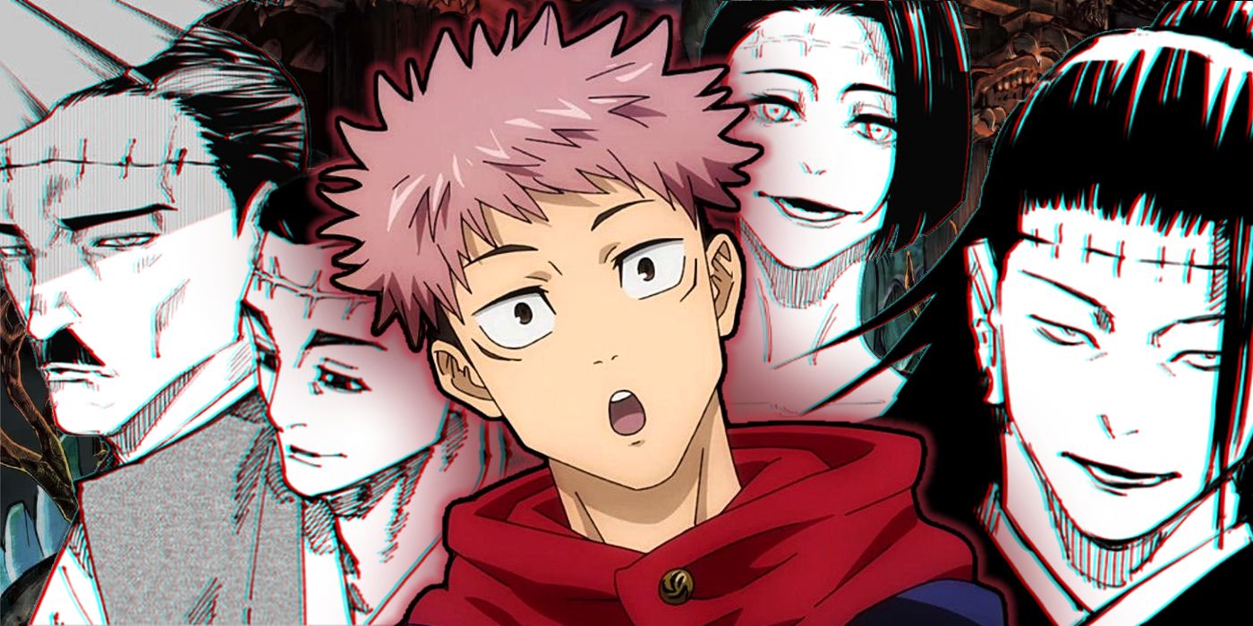 Yuji looking mildly surprised in the center with Kenjaku's various hosts throughout history in Jujutsu Kaisen the background including Noritoshi Kamo, Kaori, and Geto