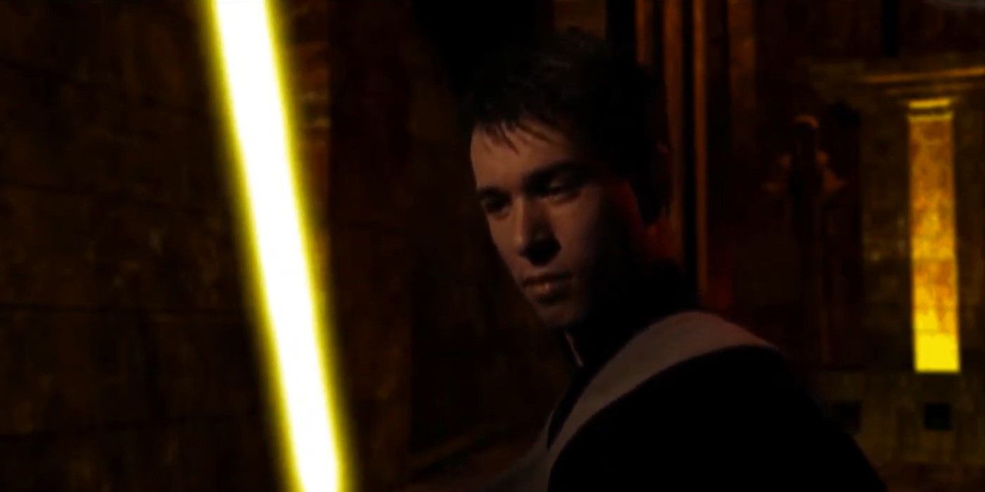 Yun with his yellow lightsaber in Star Wars Jedi Knight Dark Forces II.