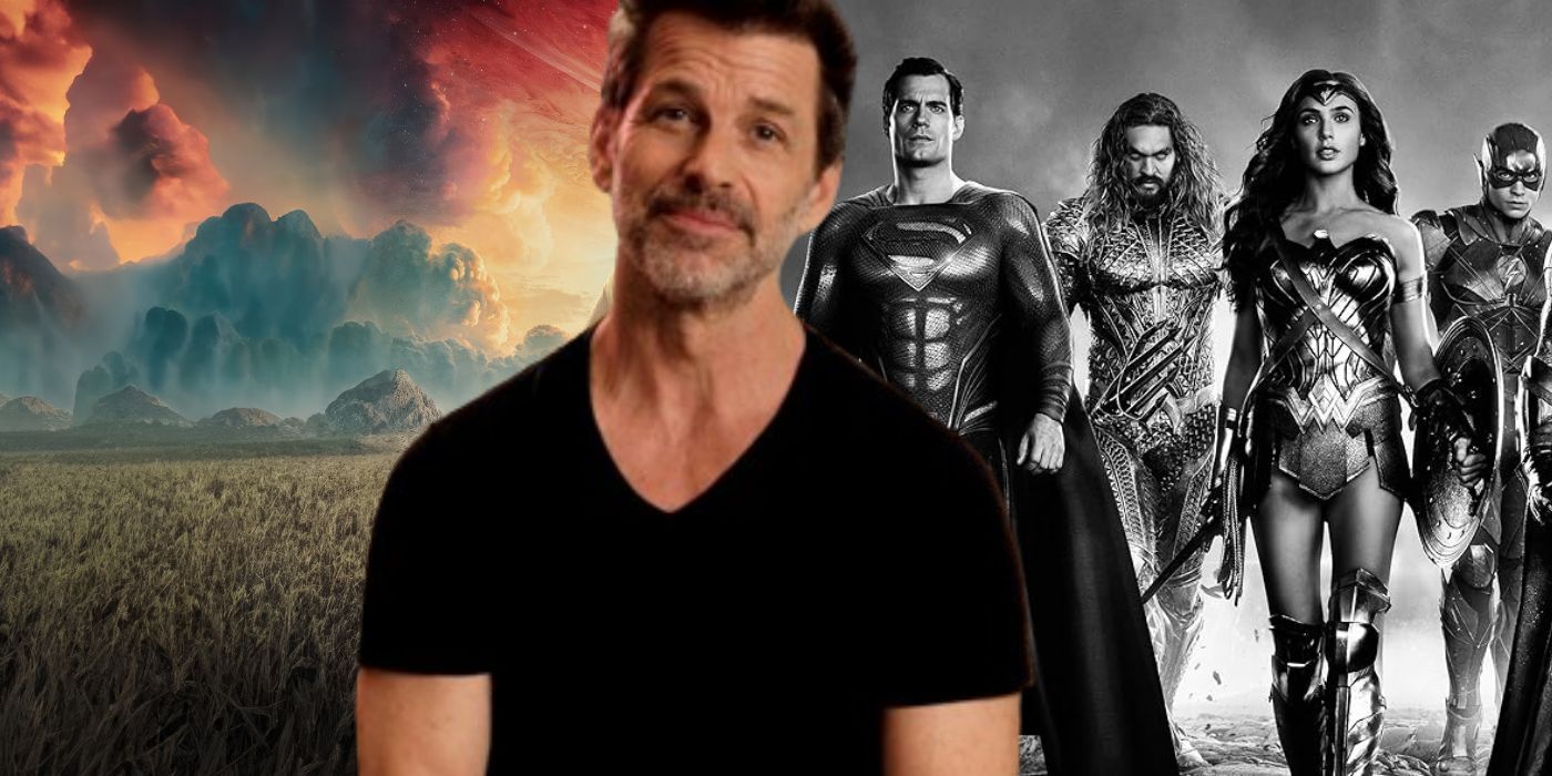 Zack Snyder smiling with a landscape shot from Rebel Moon and a poster of Zack Snyder's Justice League in the background