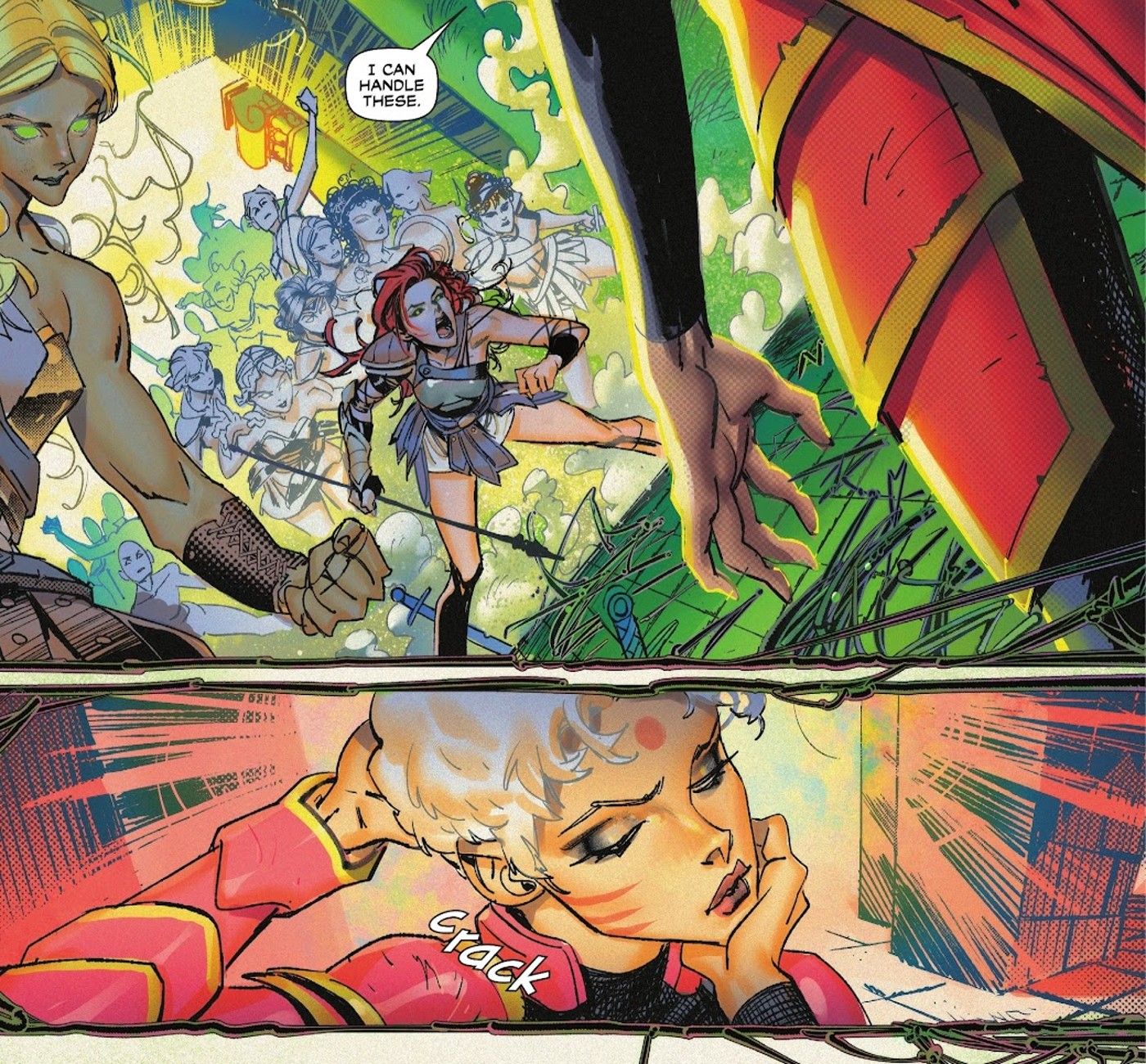 Comic book panels: Zealot of the BIrds of Prey prepares to fight Wonder Woman's Amazons