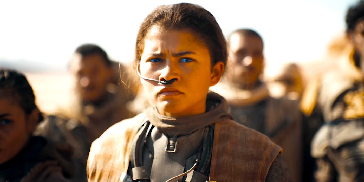 Zendaya as Chani scowling with anger in a dramatic scene from Dune 2