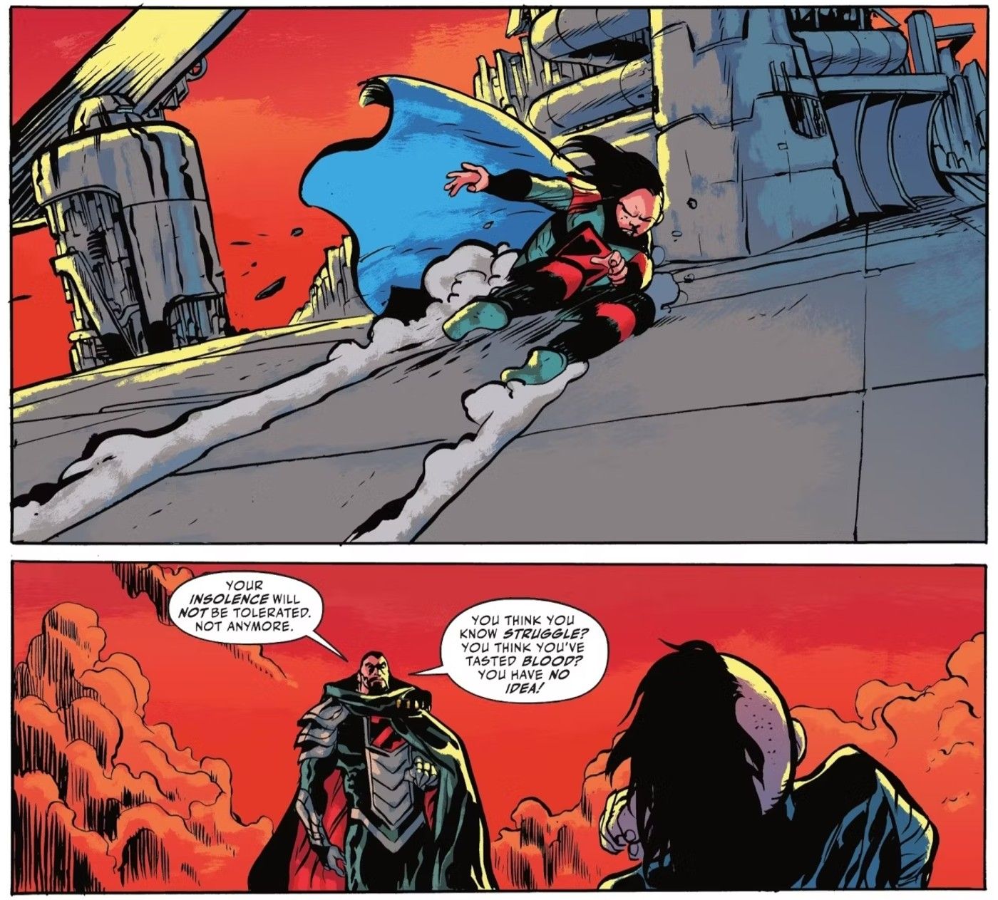 Comic book panels: Zod knocks Lor-Zod to the ground.