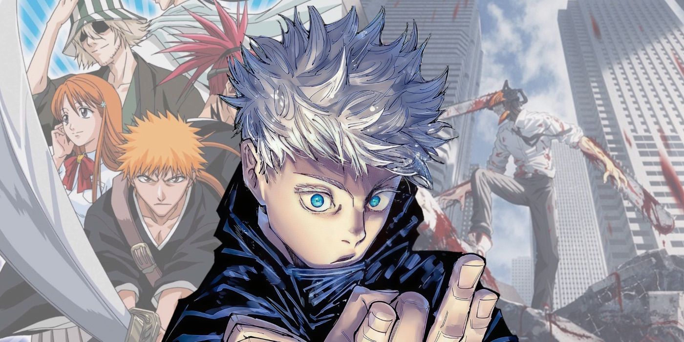 Gojo Satoru image over images of Bleach and Chainsaw Man