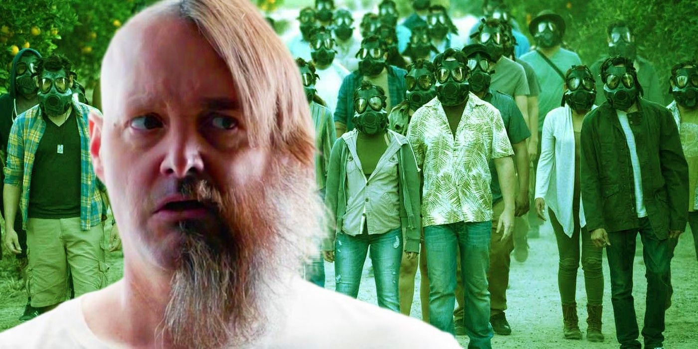 Custom image of Will Forte's half beard and people in gas masks in The Last Man on Earth