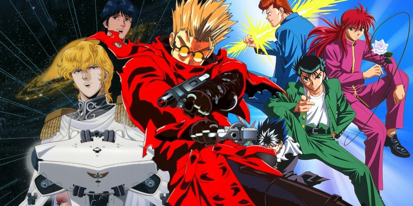 10 Best Anime to Watch on Funimation Before it Shuts Down feature image with Vash the Stampede from Trigun in front of the casts of Legend of the Galactic Heroes and Yu Yu Hakusho. 