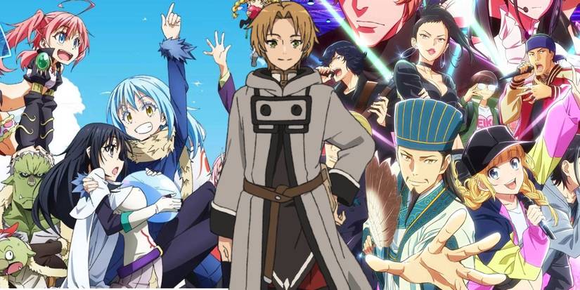 10 Best Isekai Anime With Incredible Plots feature image with Rudeus from Mushoku Tensei: Jobless Reincarnation in front of the cast of That Time I Got Reincarnated as a Slime and the cast of Ya Boy Kongming.