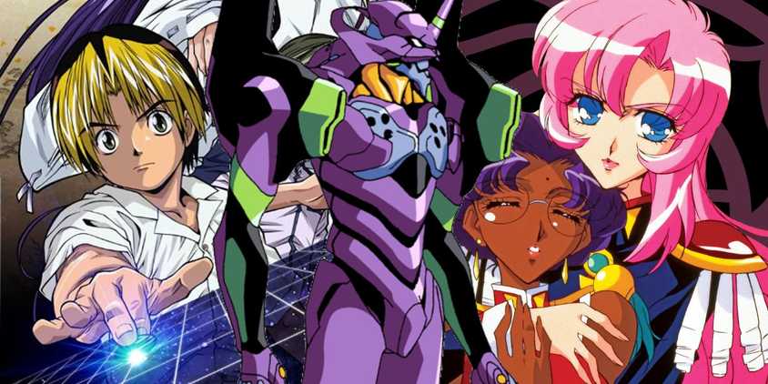 10 Best Retro Anime That Were Way Ahead of Their Time feature image with EVA-01 from Neon Genesis Evangelion in front of Hikaru from Hikaru no Go and Anthy and Utena from Revolutionary Girl Utena.