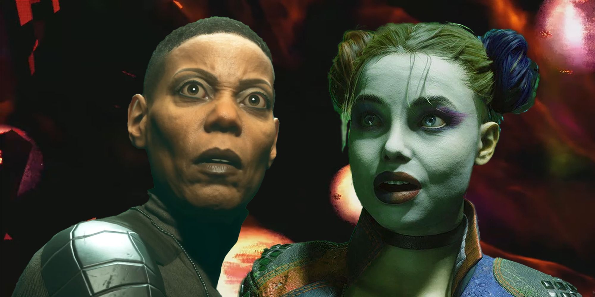 Amanda Waller and Harley Quinn looking surprised with the multiverse behind them