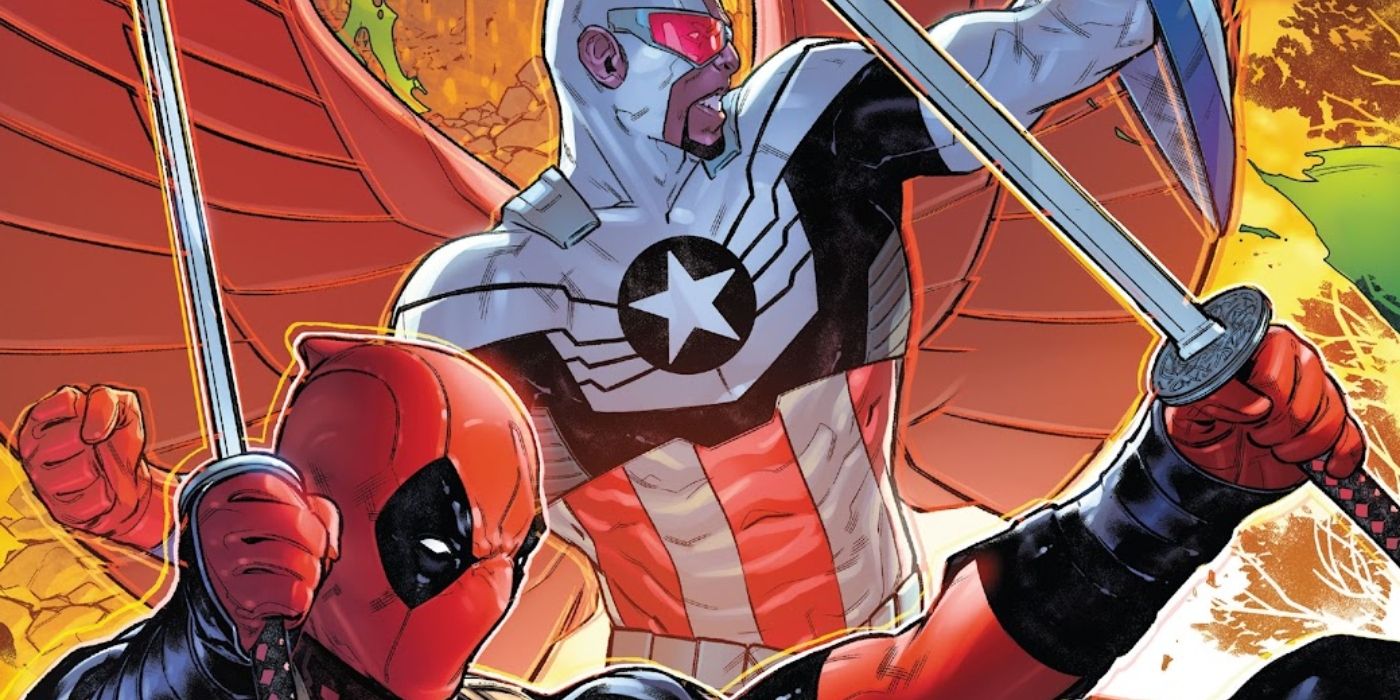 Deadpool fighting with Sam Wilson's Captain America.