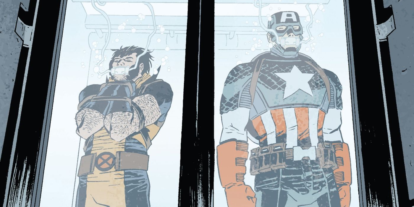 Captain America and Wolverine frozen in a lab.