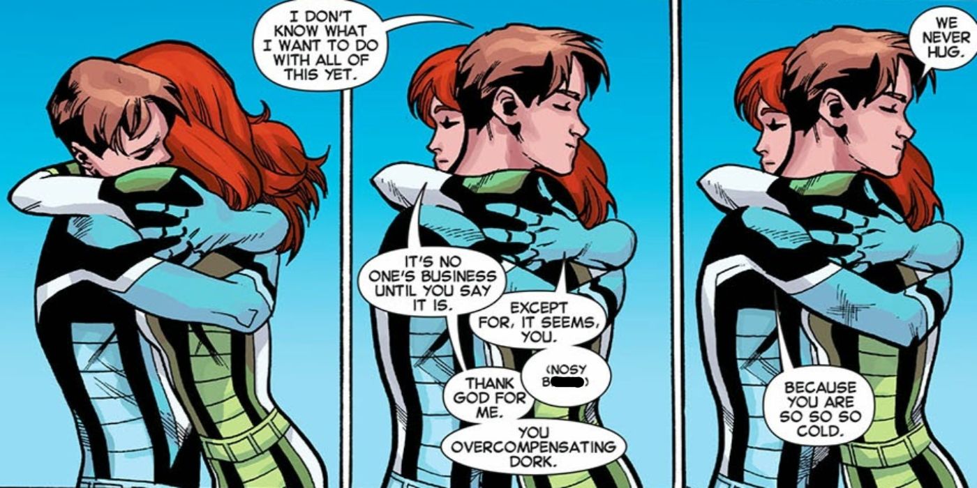 Iceman and Jean Grey hugging after Iceman came out as gay.