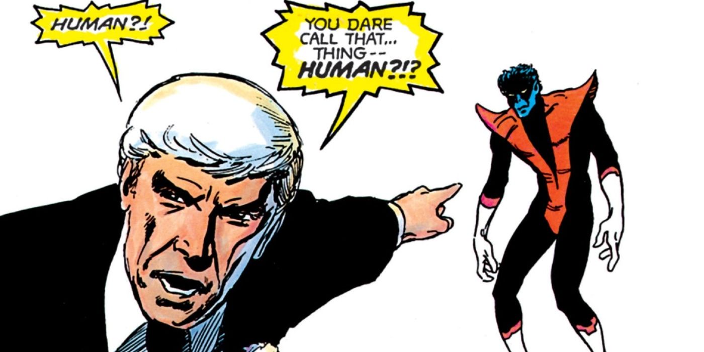 William Stryker pointing at Nightcrawler, calling him a freak.