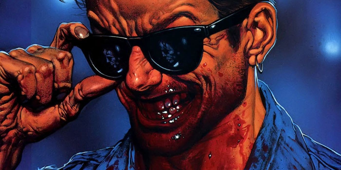 Preacher's Cassidy the vampire, mouth covered in blood as he sneers.