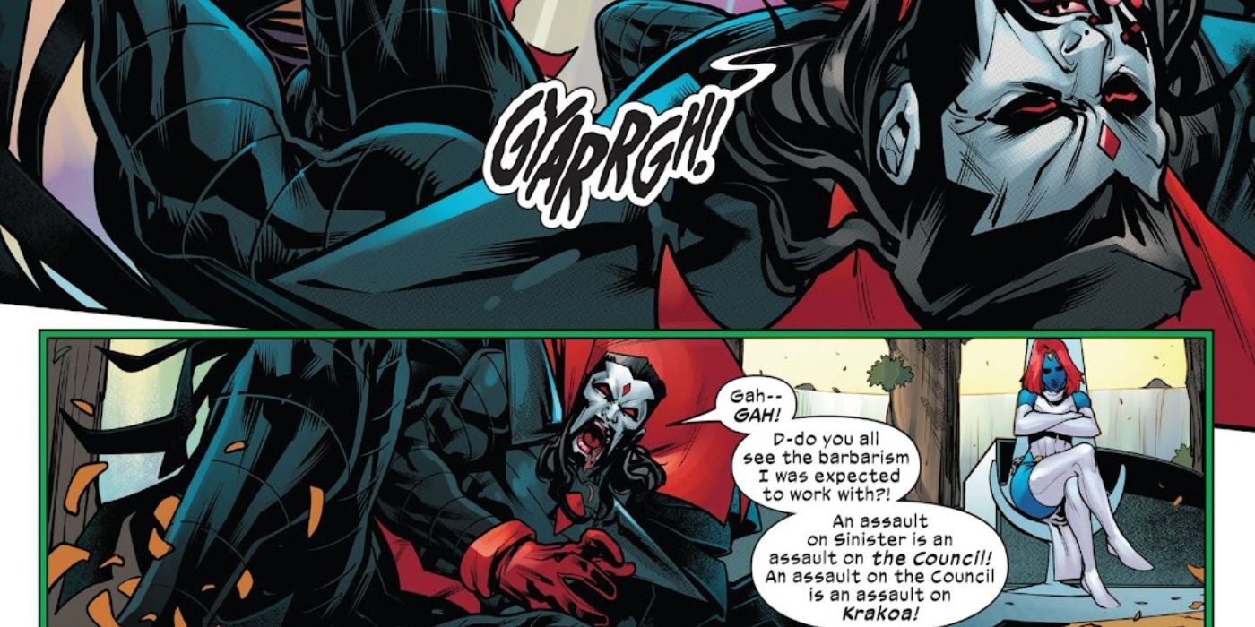 Mr. Sinister getting beaten up by Psylocke.