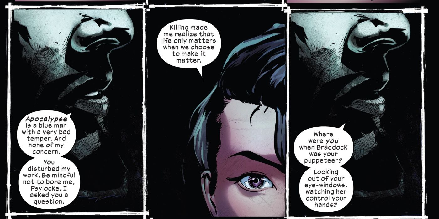 Mr. Sinister speaking with Psylocke in Fallen Angels #1.