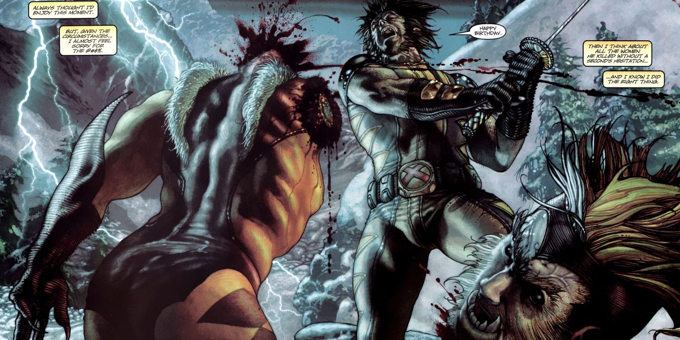 Wolverine cutting Sabretooth's head off.