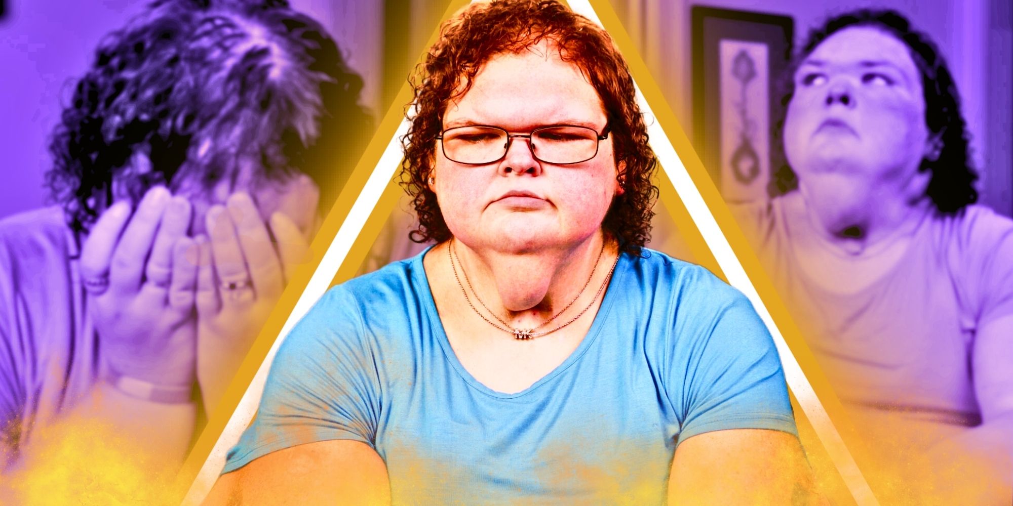 1000-Lb sister Tammy Slaton in a blue t-shirt, arms crossed and an angry look on her face with her crying in the background