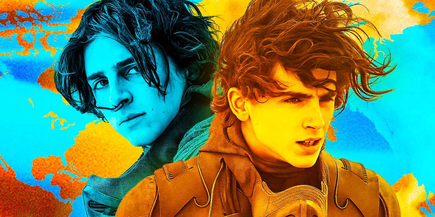 This custom image shows 2 cutouts of Timothee Chalamet in Dune 2 