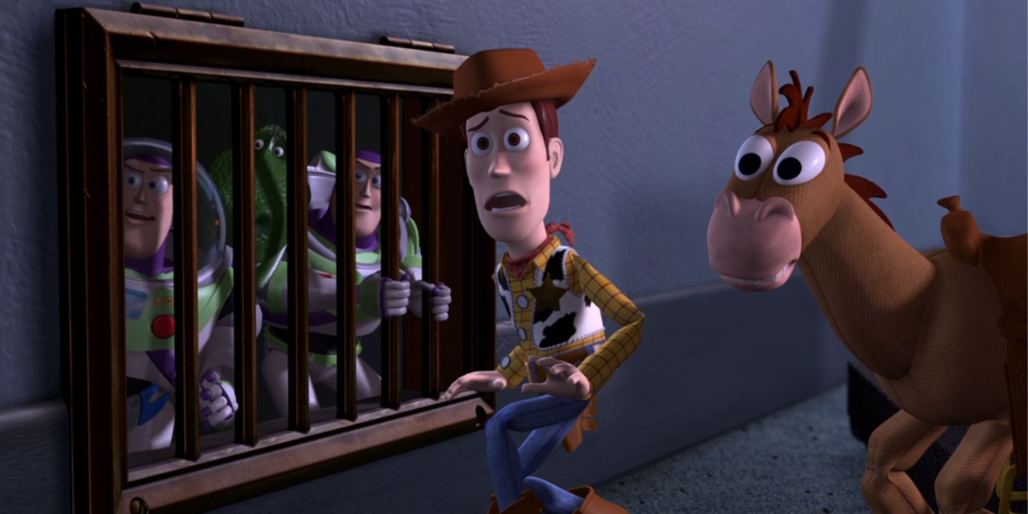 Wood in Toy Story 2 looking scared near a ventilation cover with 2 Buzz Lightyears behind it as Bullseye watches