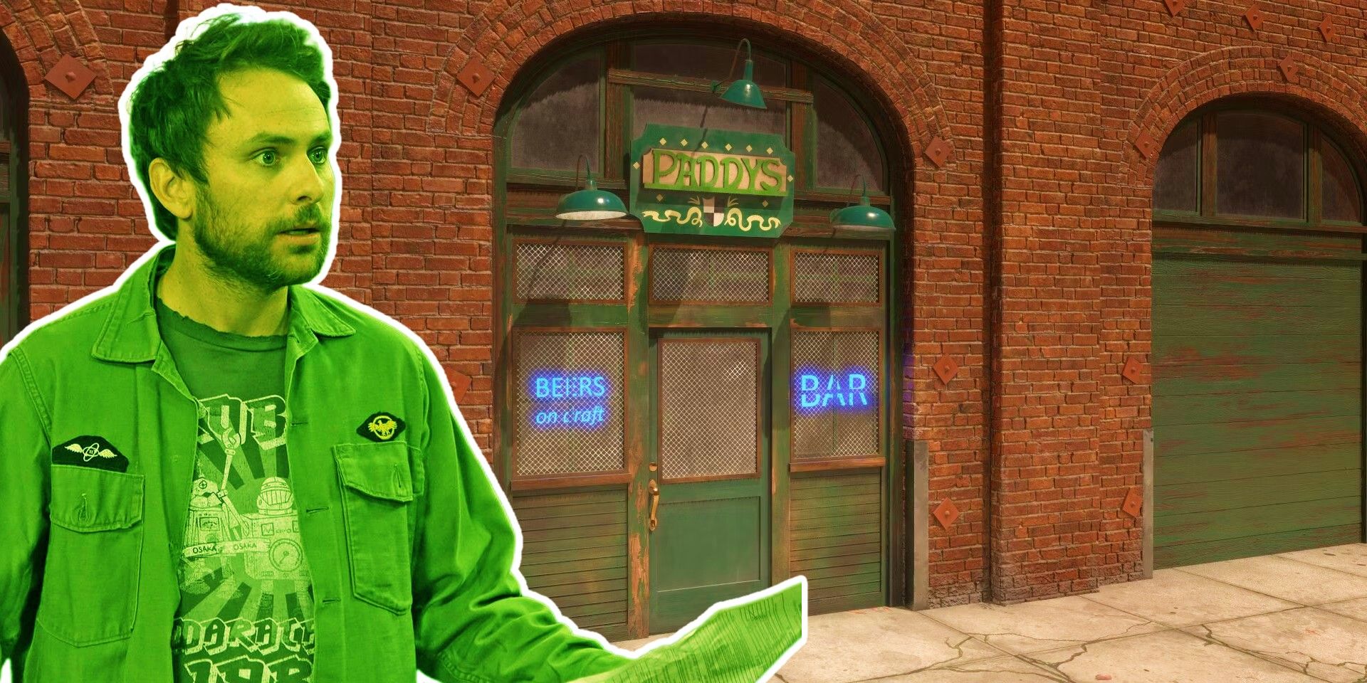 Custom image of Charlie Kelly and the exterior of Paddy's Pub in It's Always Sunny in Philadelphia