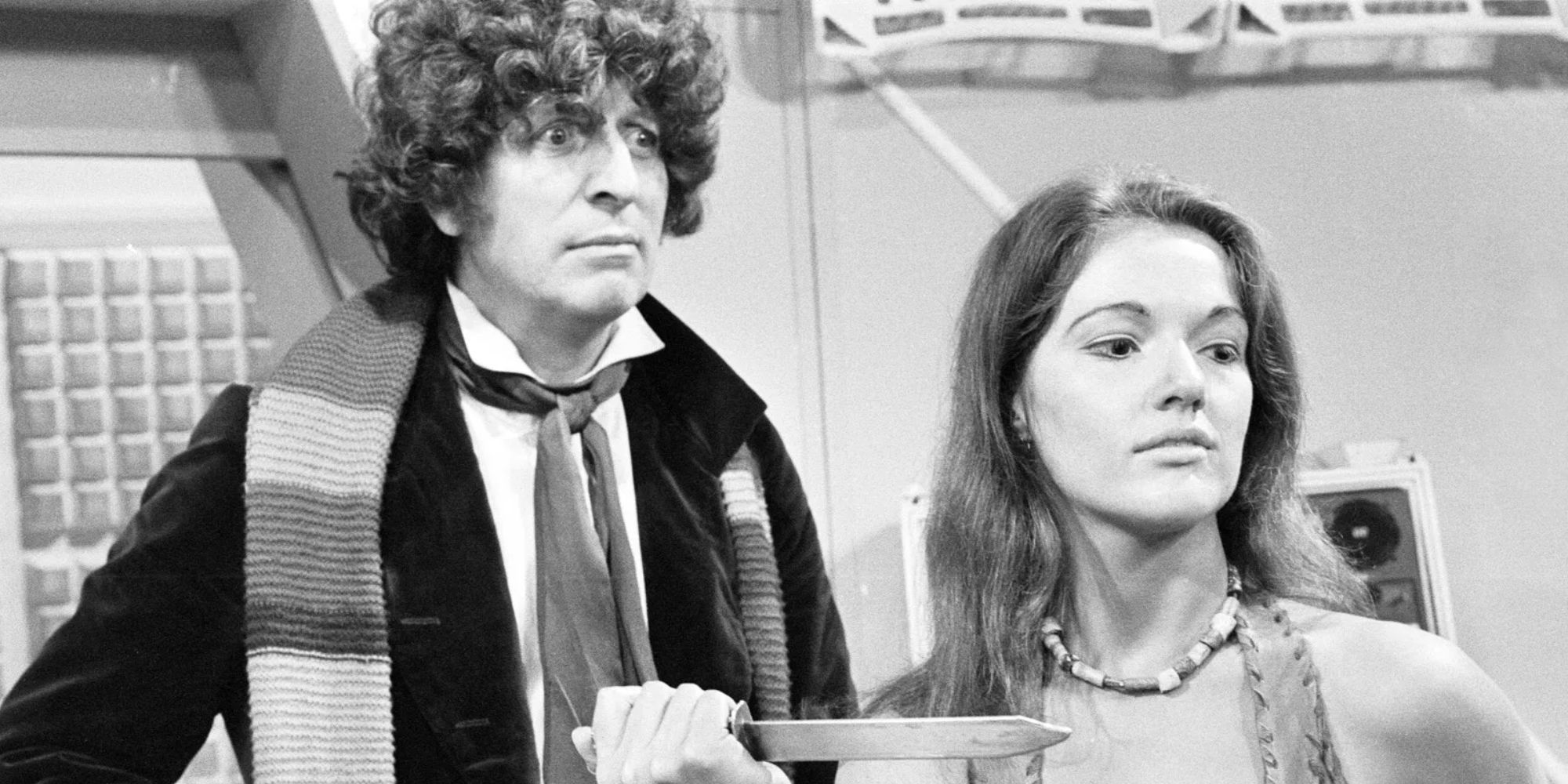 3-17Louise Jameson holding a knife as Leela and Tom Baker looking shocked as the Fourth Doctor from Doctor Who