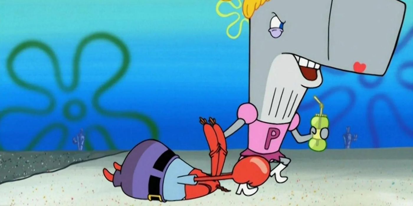 Pearl storming off angrily while Mr. Krabs holds her legs in SpongeBob SquarePants