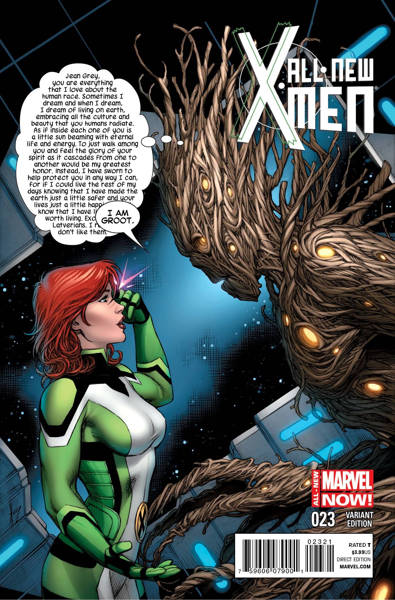 Jean Grey interprets Groot's iconic phrase with telepathy while standing in front of one another