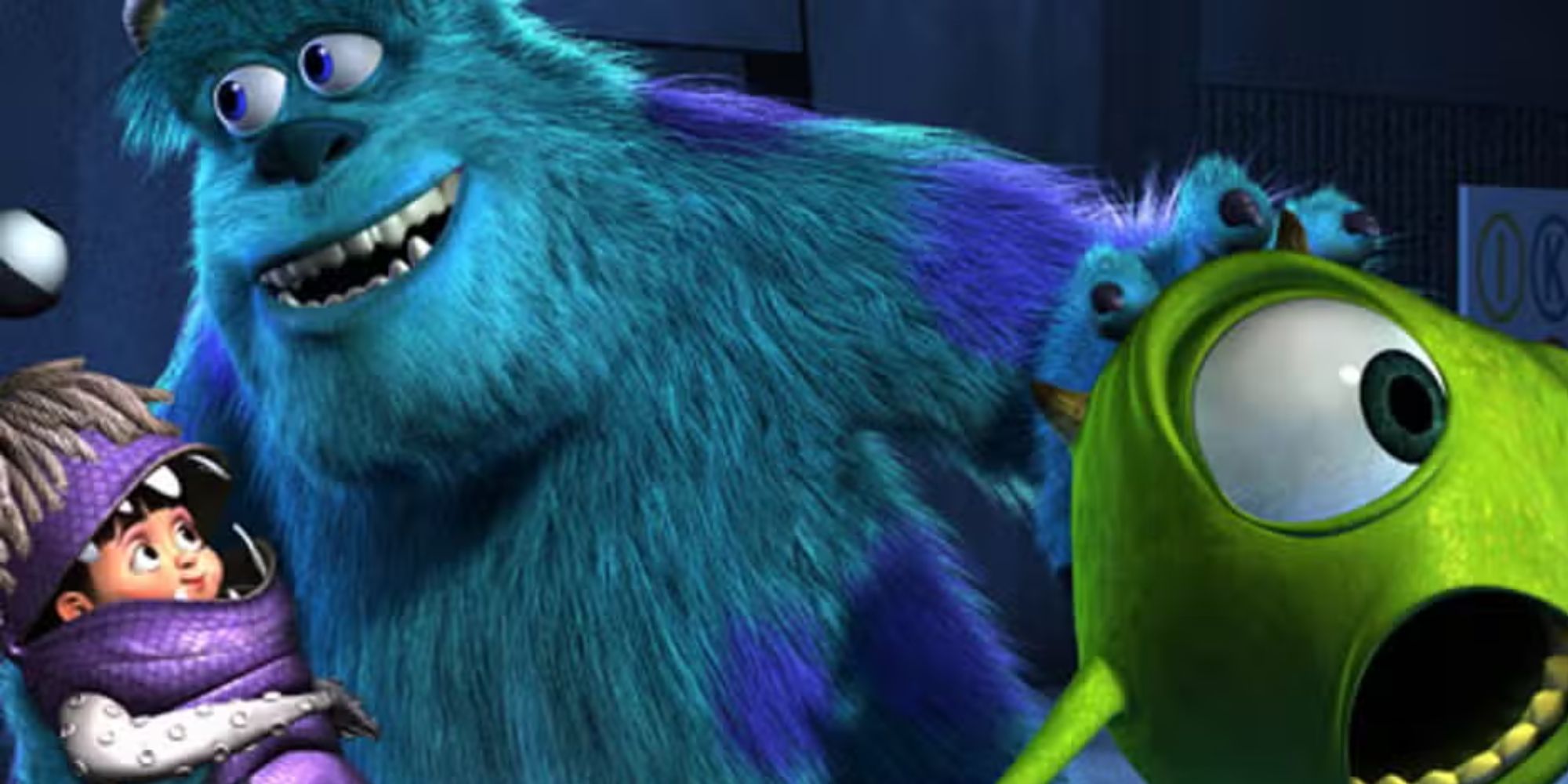 Sulley smiling as he carries Boo and a scared-looking Mike in Monsters, Inc.