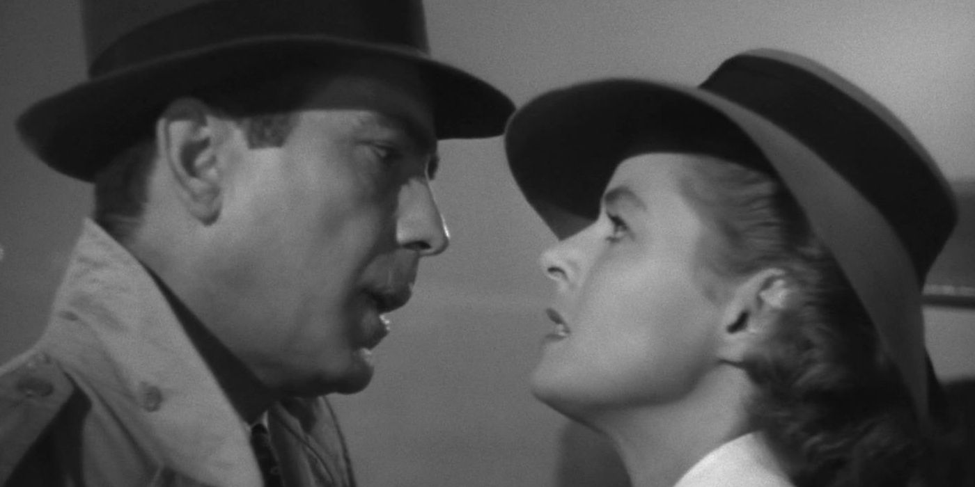 Rick (Humphrey Bogart) and Ilsa (Ingrid Bergman) standing close together at the end of Casablanca