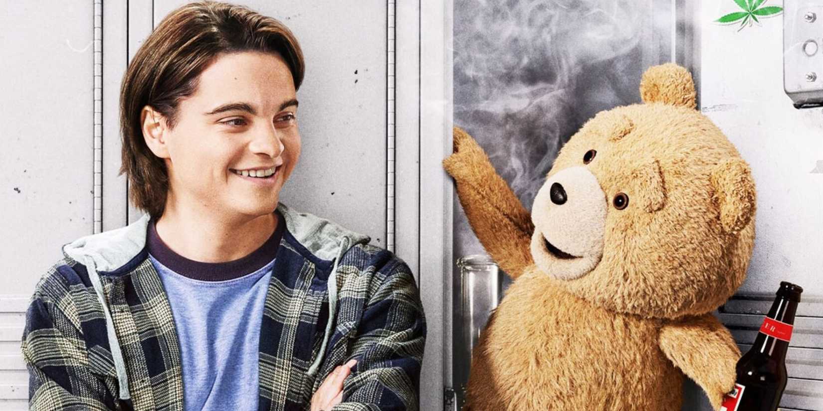 Max Burkholder as John Bennett smiling at Ted who is emerging from a hazy high school locker holding a beer bottle in Ted season 1
