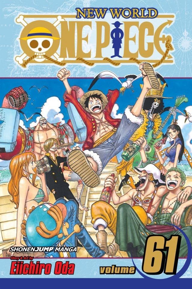 Arte da capa do Volume 61 de One Piece, espelhando o volume 1, mostrando Luffy saltando no ar, cercado por seus amigos.