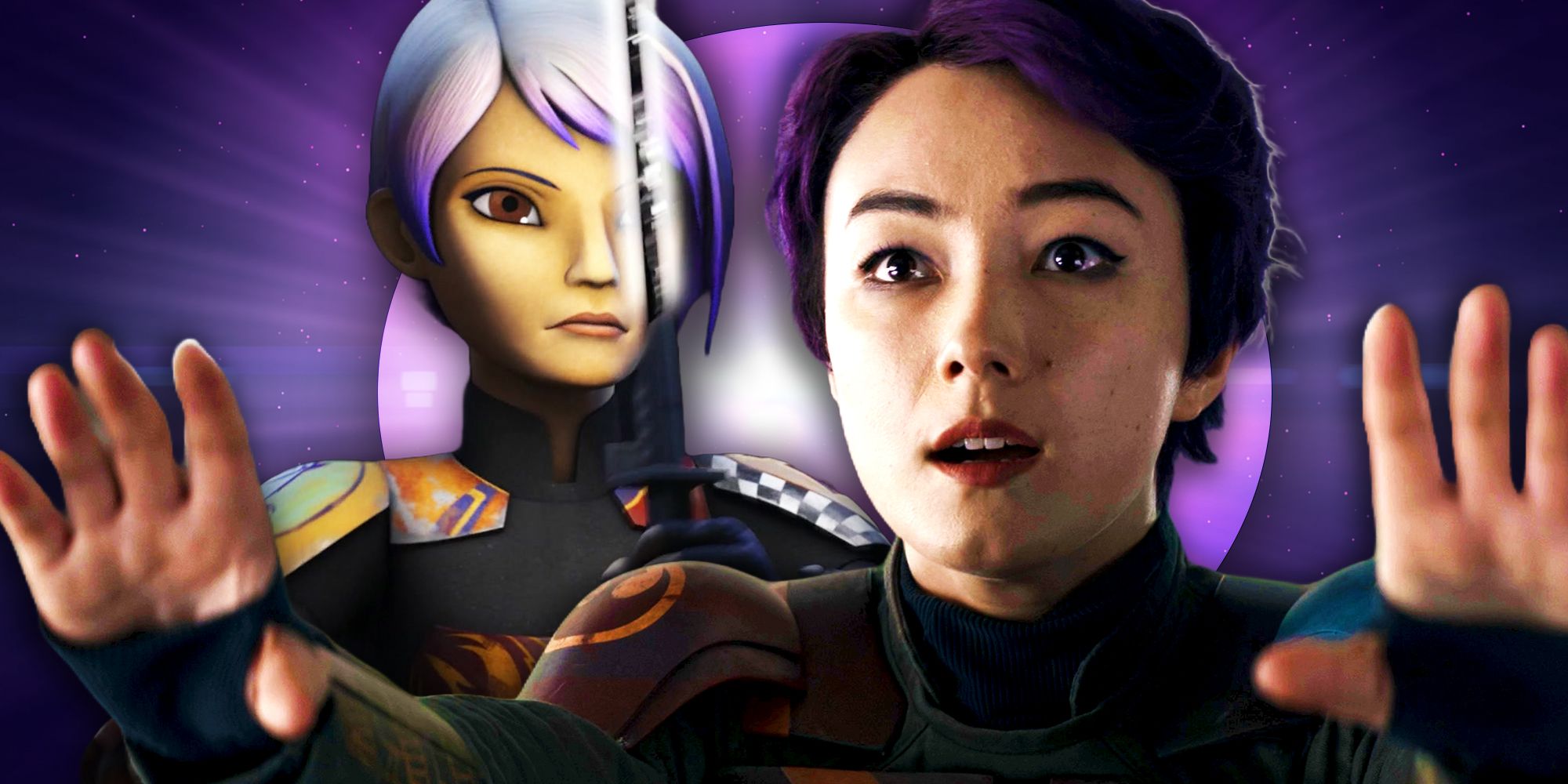 Natasha Liu Bordizzo usa a Força em Ahsoka sobreposta a Sabine e o Darksaber em Star Wars Rebels