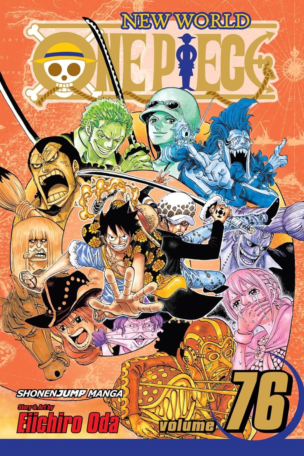 One Piece Volume 76 apresentando o elenco principal destacado com cores brilhantes do arco-íris.