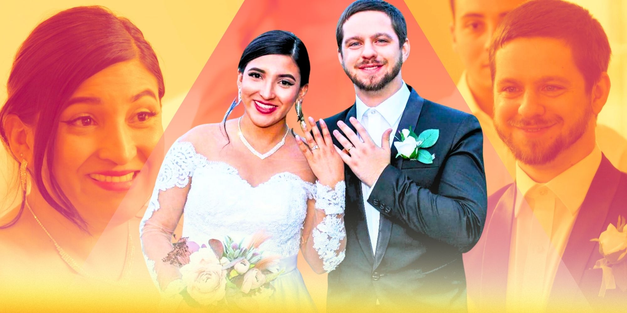 Montagem de Clayton e Anali do noivo de 90 dias em seus trajes de casamento e exibindo anéis