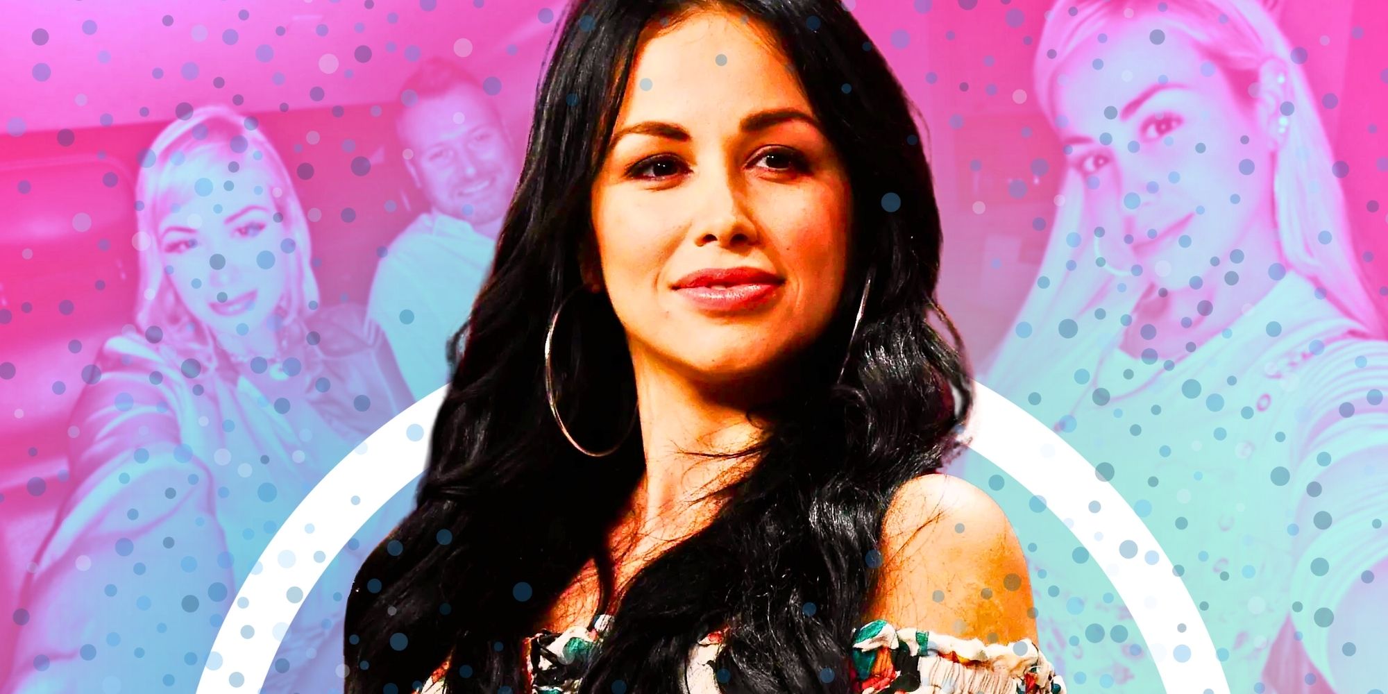 Montage of 90 Day Fiancé’s Paola and Russ Mayfield with her smilng slightly and a pink and blue background